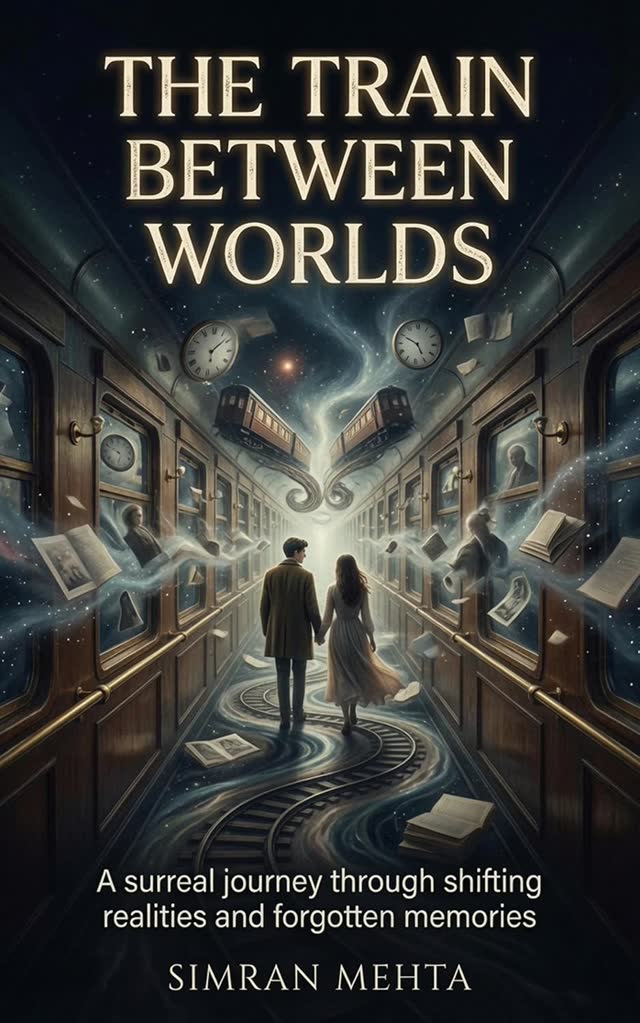Cover of The Train Between Worlds by Simran Mehta: two figures walking down a dim railway carriage as the walls dissolve into starlight.
