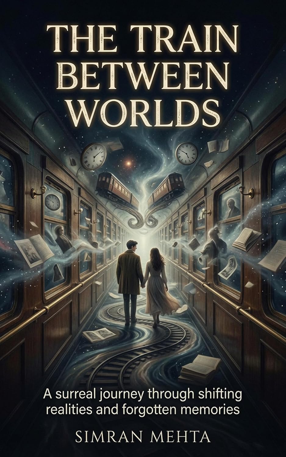Cover of The Train Between Worlds by Simran Mehta: two figures walking down a dim railway carriage as the walls dissolve into starlight.